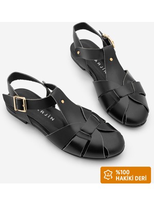 Marjin Kadın Hakiki Deri Bilekten Bantlı Tokalı Önü Kapalı Günlük Sandalet Yenzar Siyah