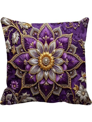Queen Jera Mandala Çiçek Mor Kırlent Kılıfı 43 x 43 cm - Lüks Dekoratif Yastık Kılıfı