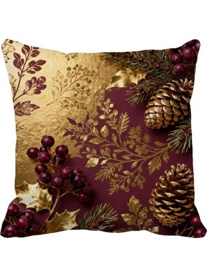 Queen Jera Lüks Bordo Üzerine Gold Desen Kırlent Kılıfı - Çam Kozalaklı 43 x 43 cm Süet
