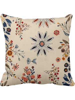 Queen Jera Vintage Çiçek Desenli Dekoratif Kırlent Kılıfı – Bohem Yastık Kılıfı 43 x 43 cm