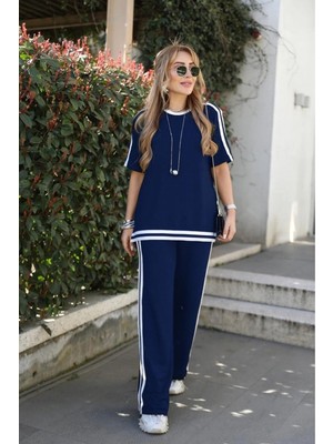 Stores36 Kadın Kısa Kollu Bisiklet Yaka Çift Renk Şerit Detaylı Viskon Iki Iplik Bluz ve Pantolon Ikili Takım