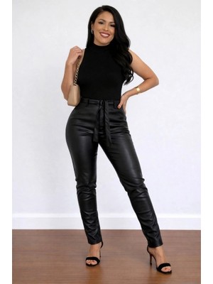 Stores36 Kadın Yüksek Bel Kuşaklı Deri Pantolon