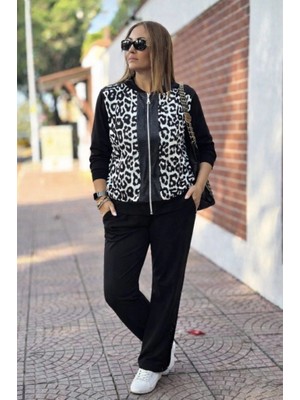 Stores36 Kadın Uzun Kollu Önden Fermuarlı Leopar Desenli Viskon Iki Iplik Bluz ve Pantolon Ikili Takım