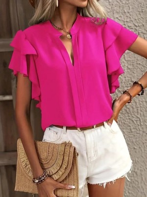 Pileli Store Kadın Kısa Kollu V Hakim Yaka Kolları Fırfırlı Dubai Bluz