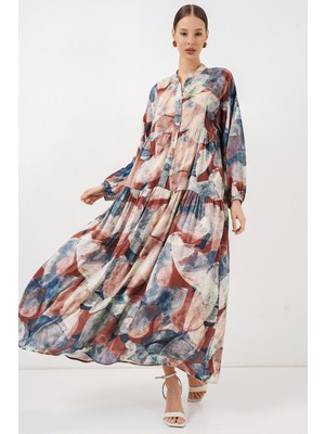 Bigdart Kadın Desenli Uzun Tesettür Elbise 2585 - A. Kiremit