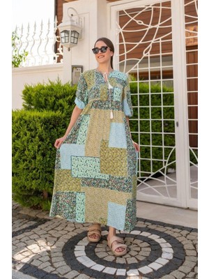 Stores36 Yeşil Salaş Desenli Elbise