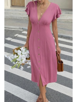 Stores36 Kadın Kısa Kollu V Yakalı Önden Düğmeli Bürümcük Midi Elbise