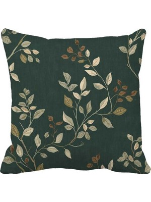 Queen Jera Çift Taraflı Baskılı 43X43 Kırlent Kılıfı – Koyu Yeşil Yaprak Desenli Country & Bohem Dekoratif
