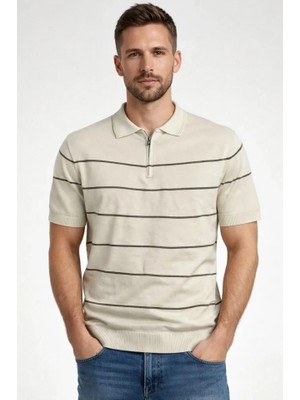 Stores36 Erkek T-Shirt Çizgili Triko Dokuma Kumaş Polo Yaka Yarım Fermuarlı Regular Kalıp Tişört - Bej