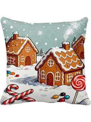 Queen Jera Yeni Yıl Dekoratif Kırlent Kılıfı – Gingerbread Ev Deseni 43 x 43 cm Süet