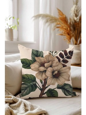 Queen Jera Çift Tarafı Baskılı Dekoratif Çiçek Desenli Kırlent Kılıfı - 43 x 43 Vintage Botanik Salon Yastığı