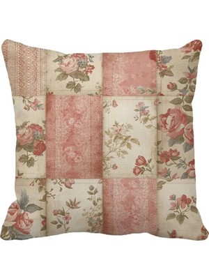Queen Jera Vintage Çiçekli Patchwork Görünümlü Dekoratif Kırlent Kılıfı - Romantik 43 x 43 cm Çift Taraflı