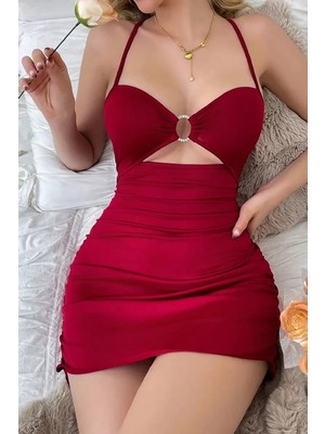 Moda Şahsenem Kadın Bordo Drapeli Dekolteli Taş Halka Detaylı Şık Mini Gecelik