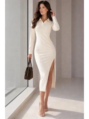 Stores36 Kadın Uzun Kollu Yakalı Yandan Yırtmaçlı Midi Modal Elbise