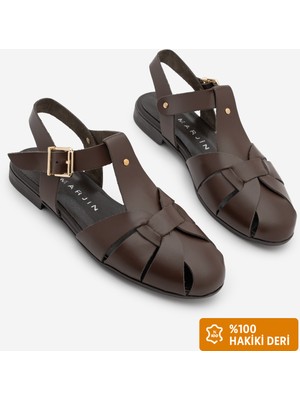 Marjin Kadın Hakiki Deri Bilekten Bantlı Tokalı Önü Kapalı Günlük Sandalet Yenzar Kahve