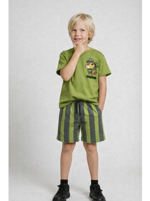 Monila Erkek Çocuk Pamuklu Baskılı Yeşil T-Shirt ve Şort Alt Üst Takım