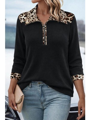 Stores36 Kadın Uzun Kollu Leopar Yakalı Fermuarlı Waffle Bluz