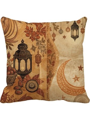 Queen Jera 43X43 cm Çift Taraflı Vintage Ramazan Kırlent Kılıfı - Fener, Hilal , Hurma Desenli Otantik Ev Dekor