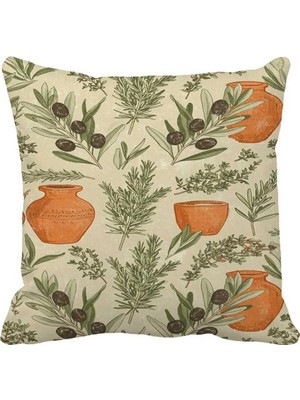 Queen Jera Vintage Akdeniz Motifli Tekli Dekoratif Kırlent Kılıfı - Zeytin ve Çömlek 43 x 43 cm Süet