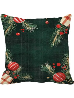 Queen Jera Yılbaşı Temalı Dekoratif Kırlent Kılıfı - Noel Süslemeli Çam Dallı Kırlent Kılıfı 43 x 43 cm Süet