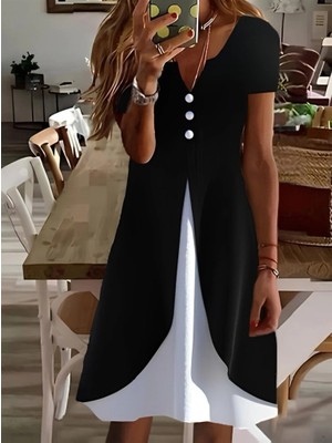 Stores36 Kadın Kısa Kollu V Yakalı Önden Düğmeli Çift Renkli Viskon Elbise