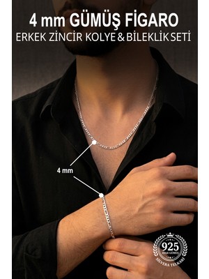 Silvera Telkari 925 Ayar Gümüş Erkek Kolye ve Bileklik 4 mm Figaro Zincir Set ST421