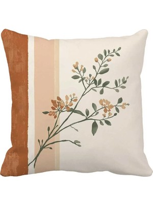 Queen Jera Minimal Çiçek Desenli Dekoratif Kırlent Kılıfı - Çift Tarafı Baskılı 43*43 Bej & Toprak Tonlu