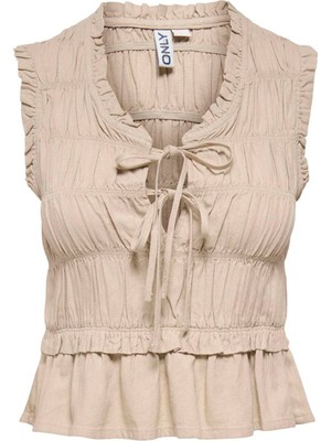 Only Onlgoa S/s Lınen Bl Frıll Top cc Pnt Bej Kadın T-Shirt 15363693
