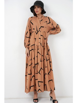 Bigdart Kadın Desenli Uzun Tesettür Elbise 2585 - A. Vizon