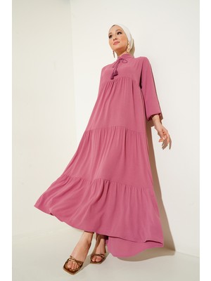 Bigdart T1627 Yaka Bağcıklı Elbise - A. Pembe