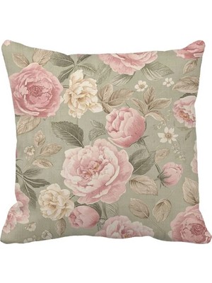 Queen Jera Romantik Vintage Gül Desenli Kırlent Kılıfı - Çift Taraf Baskılı 43 x 43 cm Salon Koltuk Kırlent