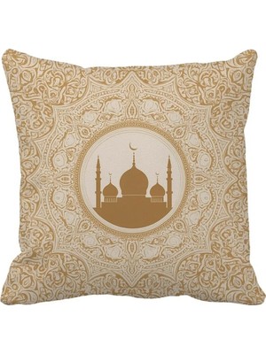 Queen Jera Lüks Krem Bej Osmanlı Desenli Cami Tasarımlı Çift Tarafı Baskılı 43X43 cm Dekoratif Kırlent Kılıfı