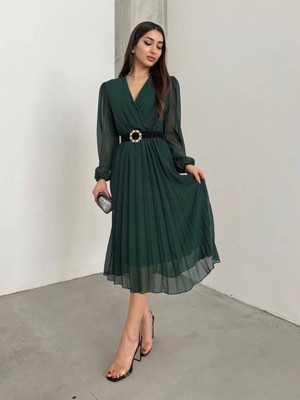 Stores36 Kadın Şifon Kumaş Astalı Kloş Kesim Kruvaze Yaka Midi Boy Elbise