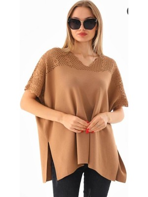 Günay Kadın Triko Bluz DLV12671 V Yaka Ajurlu Dantel Detay