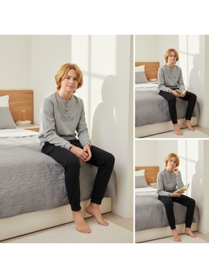 Bonbon Genç Erkek Pamuklu Gri Melanj Renk Pijama Takımı AL009 V1 BB2440