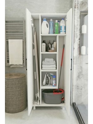 Montenero Çok Amaçlı Dolap Beyaz Banyo Düzenleyici Kiler Dolabı Kova Süpürge Deterjan Saklama