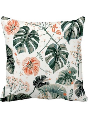 Queen Jera Dekoratif Çiçekli Yaprak Desenli Kırlent Kılıfı Çift Tarafı Baskılı 43X43 cm Monstera Yaprak Desenli
