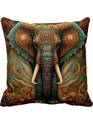 Queen Jera Etnik Tarz Bohem Fil Desenli Tekli Kırlent Kılıfı - 43 x 43 cm Süet