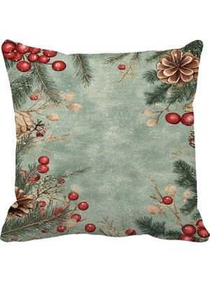 Queen Jera Noel Çam Kozalağı ve Kırmızı Berry Desenli Dekoratif Kırlent Kılıfı - 43 x 43 cm Süet