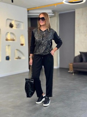 Stores36 Kadın Uzun Kollu Önden Fermuarlı Leopar Desenli Viskon Iki Iplik Bluz ve Pantolon Ikili Takım