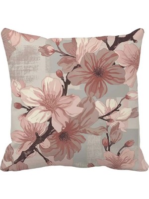 Queen Jera Pudra Pembe Sakura Çiçek Desenli Kırlent Kılıfı - Vintage & Modern Tasarım -43 x 43 Çift Taraf Baskı