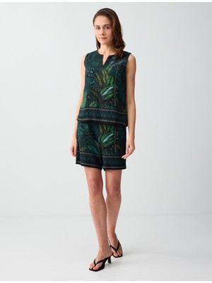 Jimmy Key Koyu Yeşil Keten Karışımlı Yüksek Bel Desenli Örme Şort