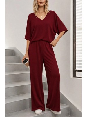 Stores36 Kadın Kısa Kollu V Yakalı Viskon Bluz ve Pantolon Ikili Takım