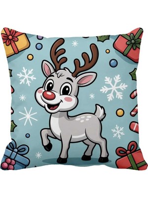 Queen Jera Sevimli Noel Geyiği Kırlent Kılıfı – Yılbaşı Kar Taneli Yastık 43 x 43 cm Süet