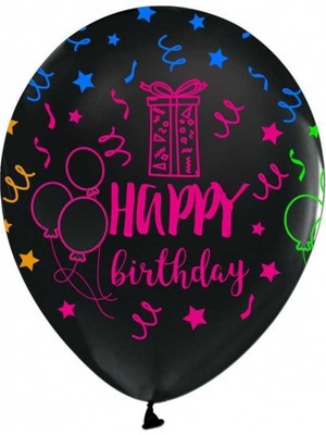 Balonevi Çepeçevre Floresan Happy Birthday Siyah Balon (100 Lü Paket)