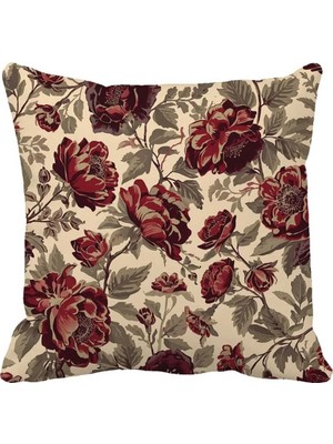Queen Jera Vintage Çiçek Desenli Kırlent Kılıfı – Bordo Gül Motifli, Country & Klasik Dekoratif - 43 x 43 cm