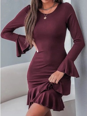 Stores36 Kadın Uzun Kollu Yuvarlak Yaka Fırfırlı Kol Ucu Volanlı Janjan Krep Mini Elbise