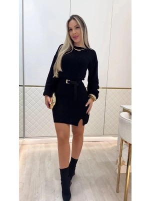 Stores36 Kadın Uzun Kollu Yuvarlak Yakalı Kısa Triko Elbise