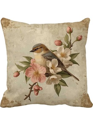 Queen Jera Vintage Kuş ve Çiçek Desenli Dekoratif Kırlent Kılıfı - Çift Taraflı 43 x 43 cm