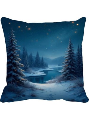 Queen Jera 43X43 cm Mavi Gece Manzaralı Kırlent Kılıfı – Kış Konseptli Süet